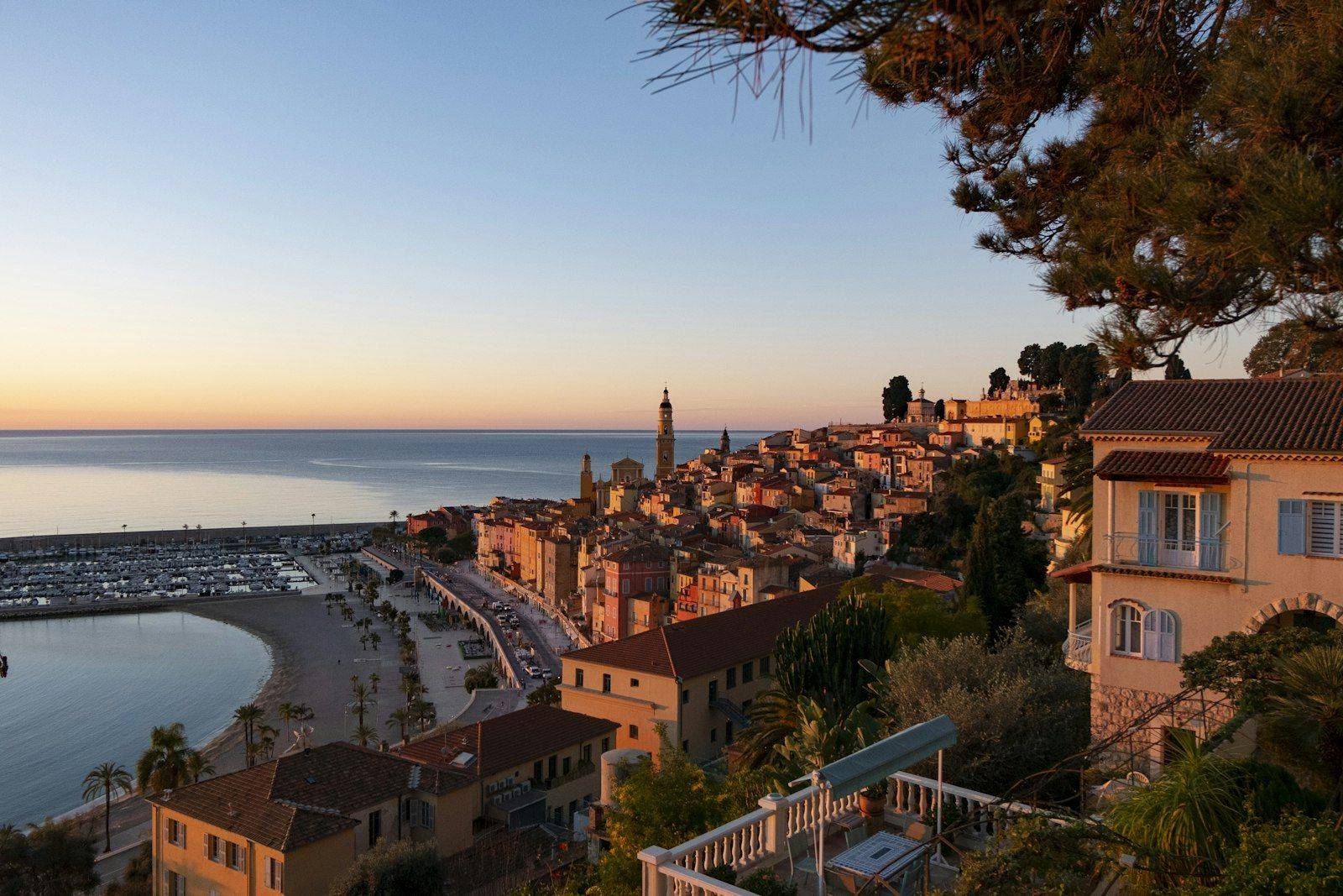 The old town of Menton on the French Riviera at sunset
